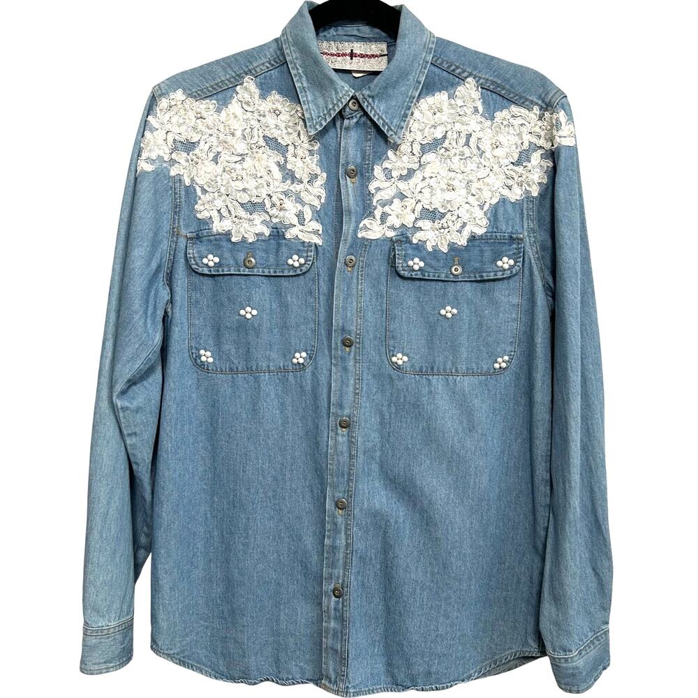 Vintage Robin Berry Pearl Lace Yoke Denim Western Snap Shirt M USA Cowgirl Rodeo